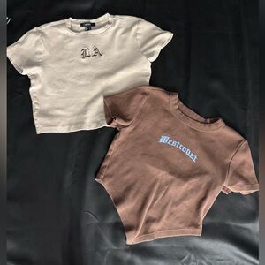 Forever 21 Women’s Cream and Brown Graphic Crop Tees